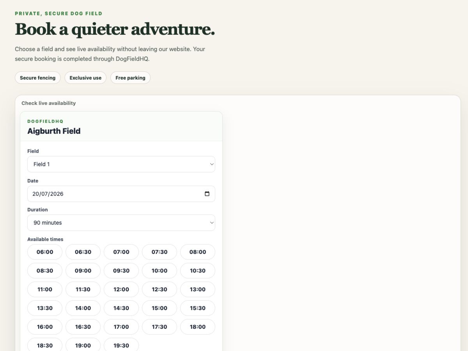 Example dog field website with the DogFieldHQ live availability widget embedded beneath the page introduction