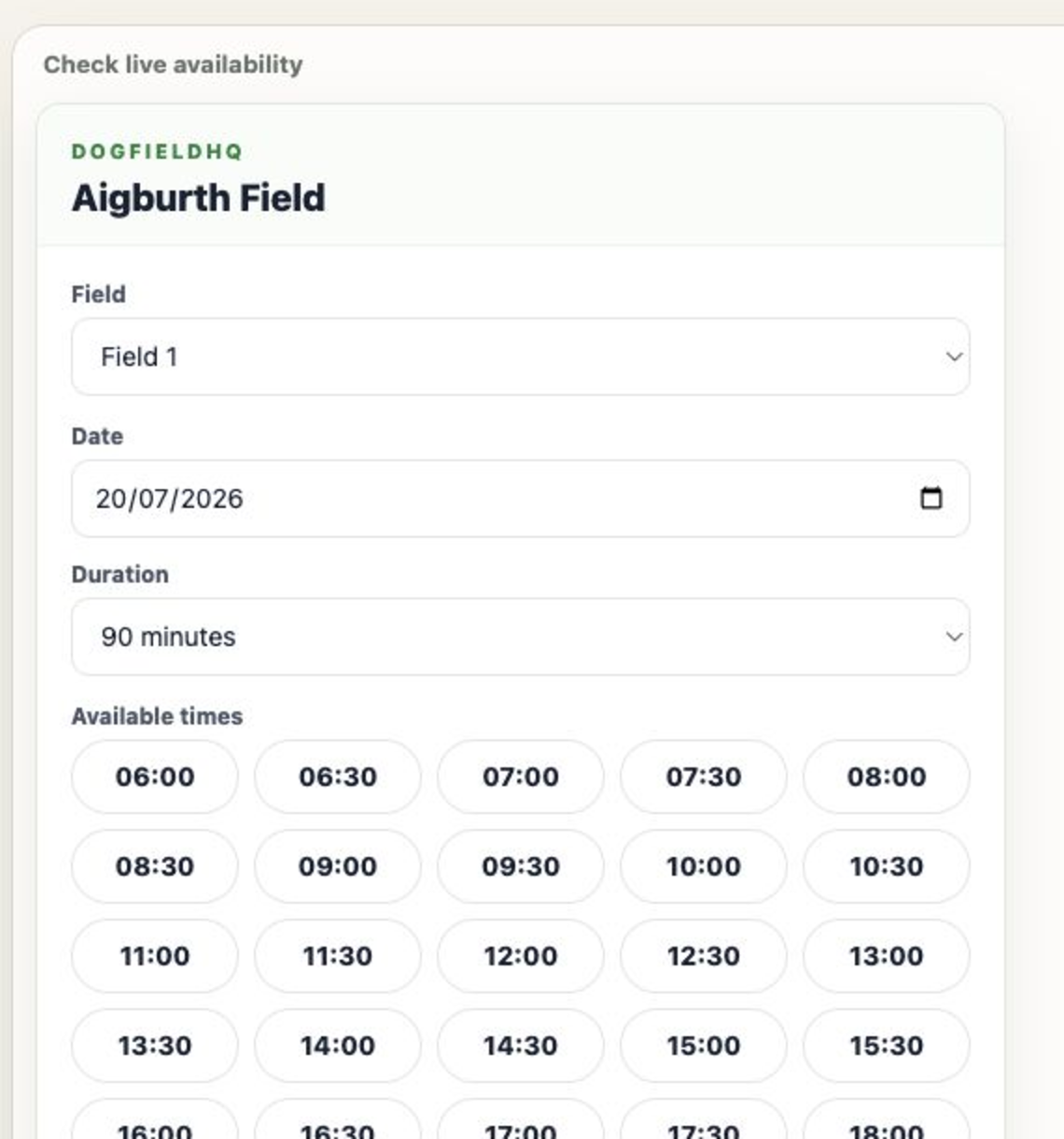 Close-up of the embedded DogFieldHQ day picker showing field, date, duration and available time choices