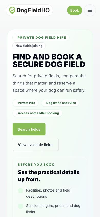 DogFieldHQ mobile field discovery page showing private dog field booking information