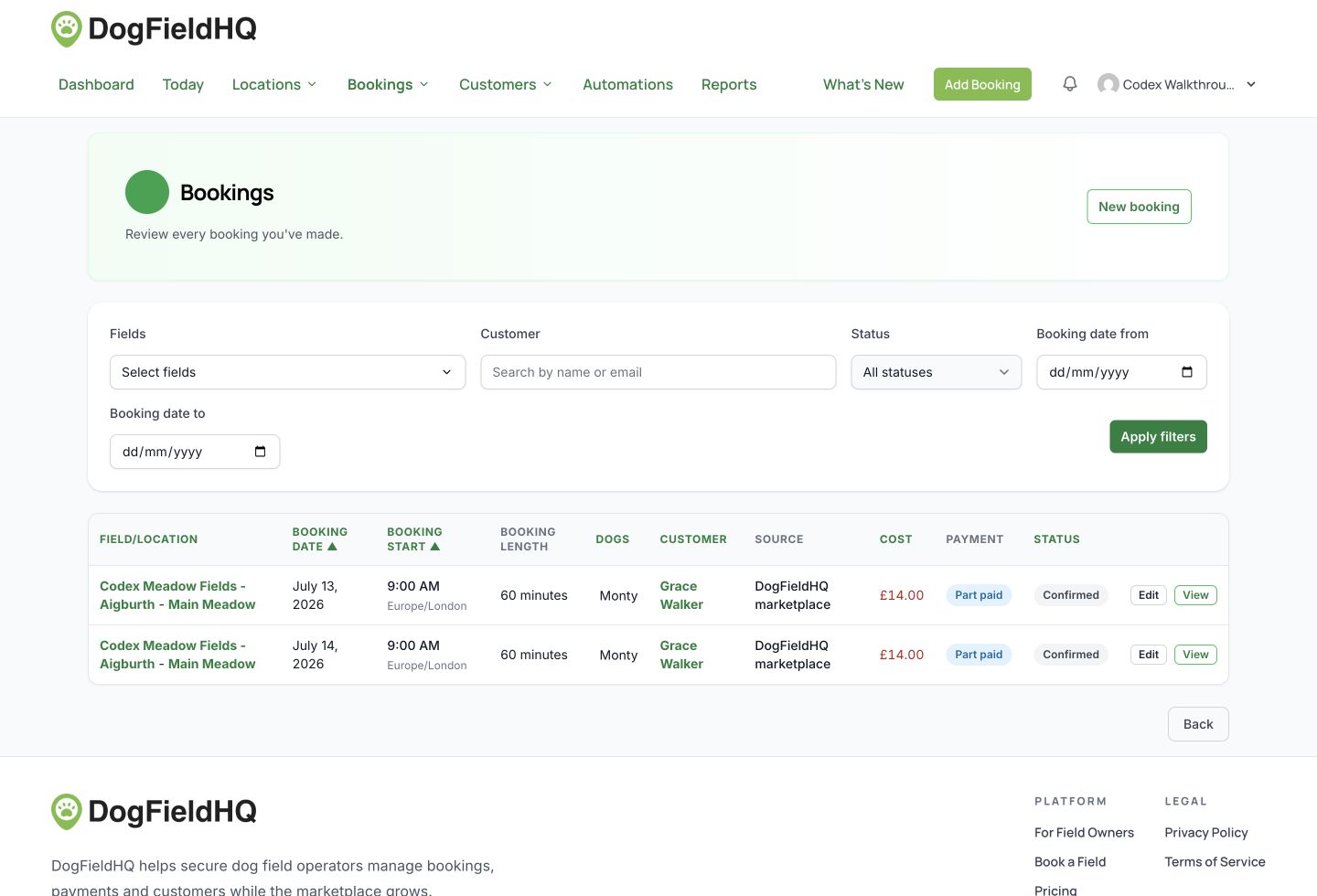 DogFieldHQ operator bookings page showing filters and booking rows with dogs, customers, payments and status