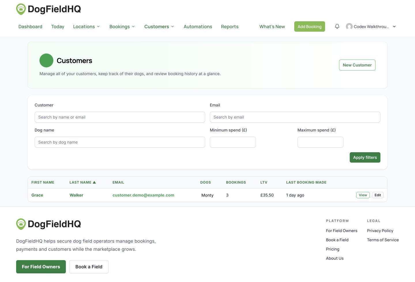 DogFieldHQ operator customers page showing filters and customer records with dog and booking counts