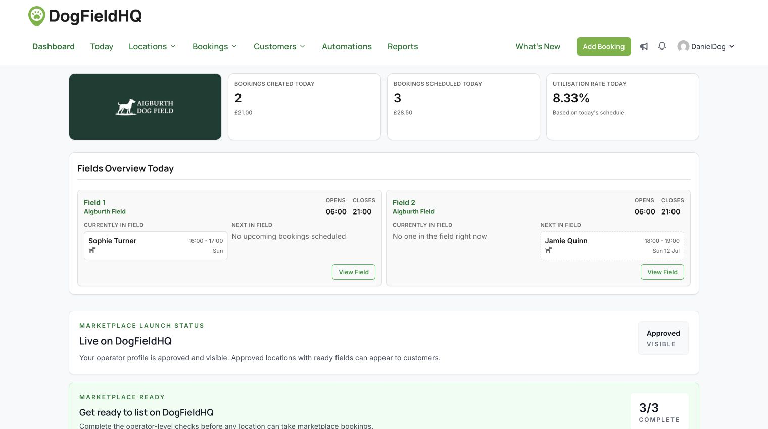 DogFieldHQ operator dashboard showing booking metrics, field overview cards and marketplace status